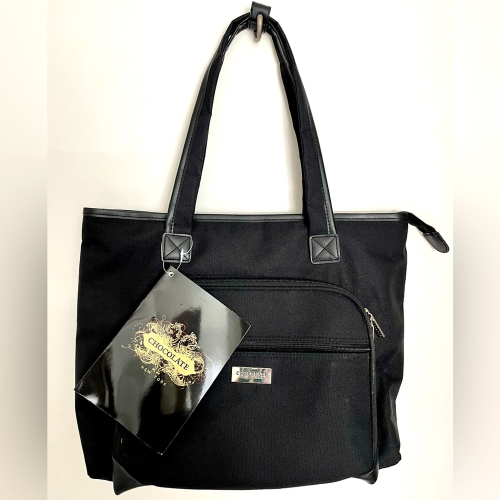 Chocolate New York, black canvas luggage/tote